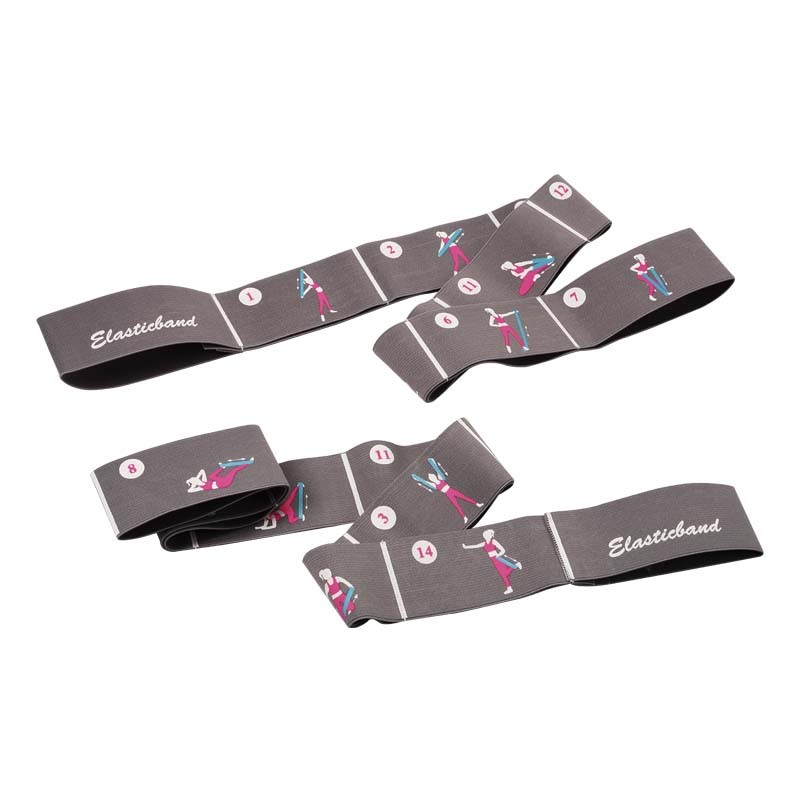 Multi-grip stretch strap with printed exercise guide for yoga and rehabilitation training