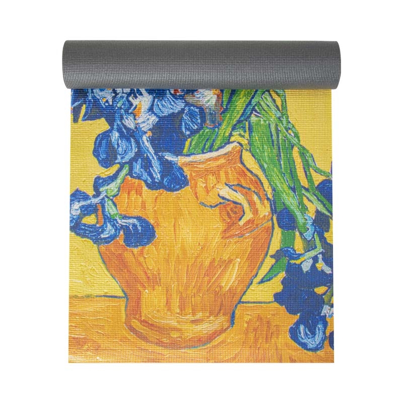 A vibrant digital inkjet printed PVC yoga mat featuring colorful designs on the surface, paired with a black-gray bottom for anti-dirt protection and easy maintenance.