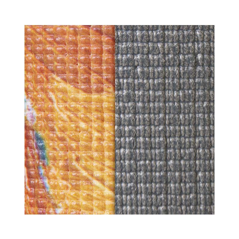 A vibrant digital inkjet printed PVC yoga mat featuring colorful designs on the surface, paired with a black-gray bottom for anti-dirt protection and easy maintenance.