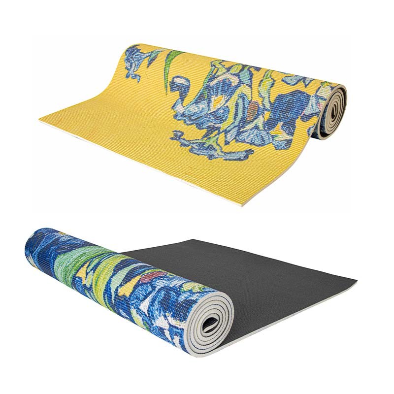 A vibrant digital inkjet printed PVC yoga mat featuring colorful designs on the surface, paired with a black-gray bottom for anti-dirt protection and easy maintenance.
